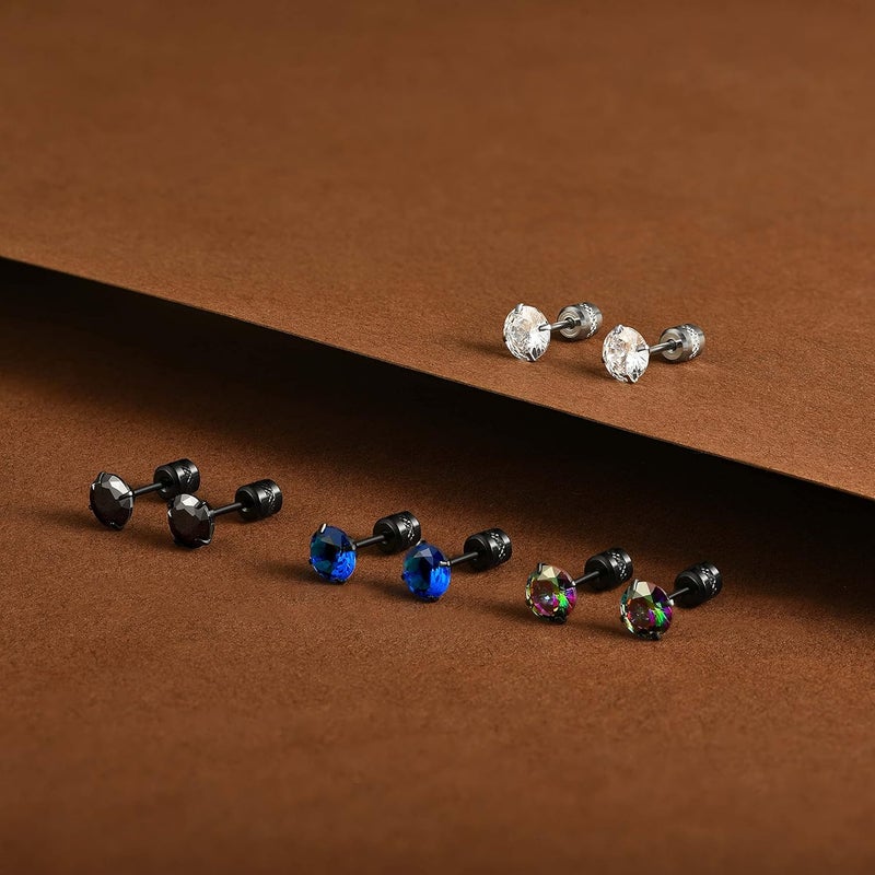 SIISPRI 4 Pairs Titanium Screw Back Surgical Stainless Steel Stud Earrings for Women Men 20G. Rainbow 5A Cubic Zirconia Studs Double Side Earrings Piercing Sleeper Studs Jewelry 6mm - Image 3